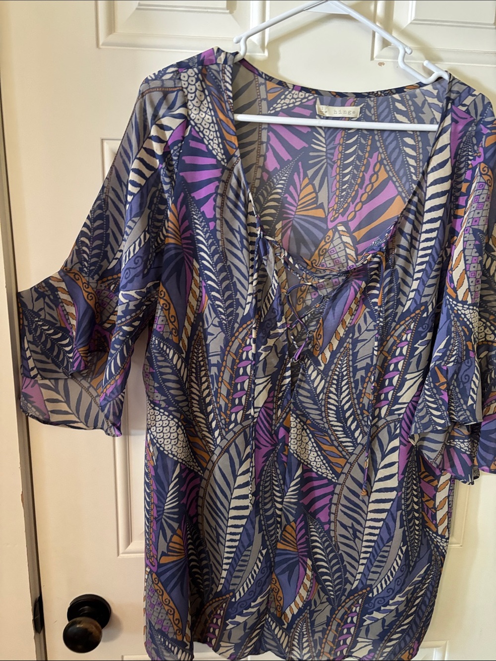 Hinge Sheer Leaf-Print Tunic in Purple, Gray & Gold